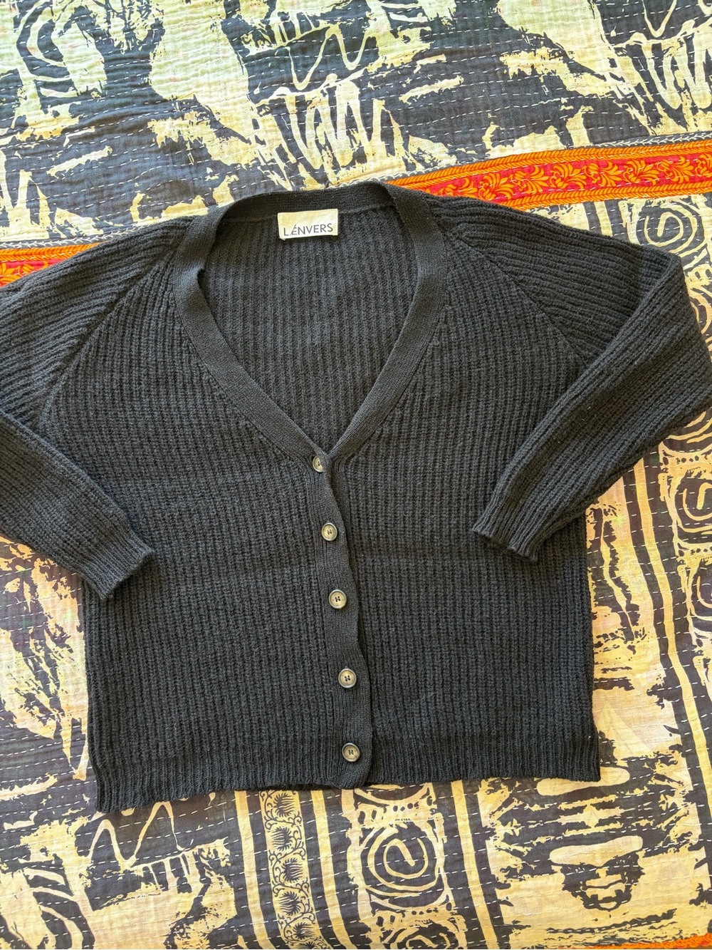 L'Envers Black Ribbed V-Neck Button Cardigan